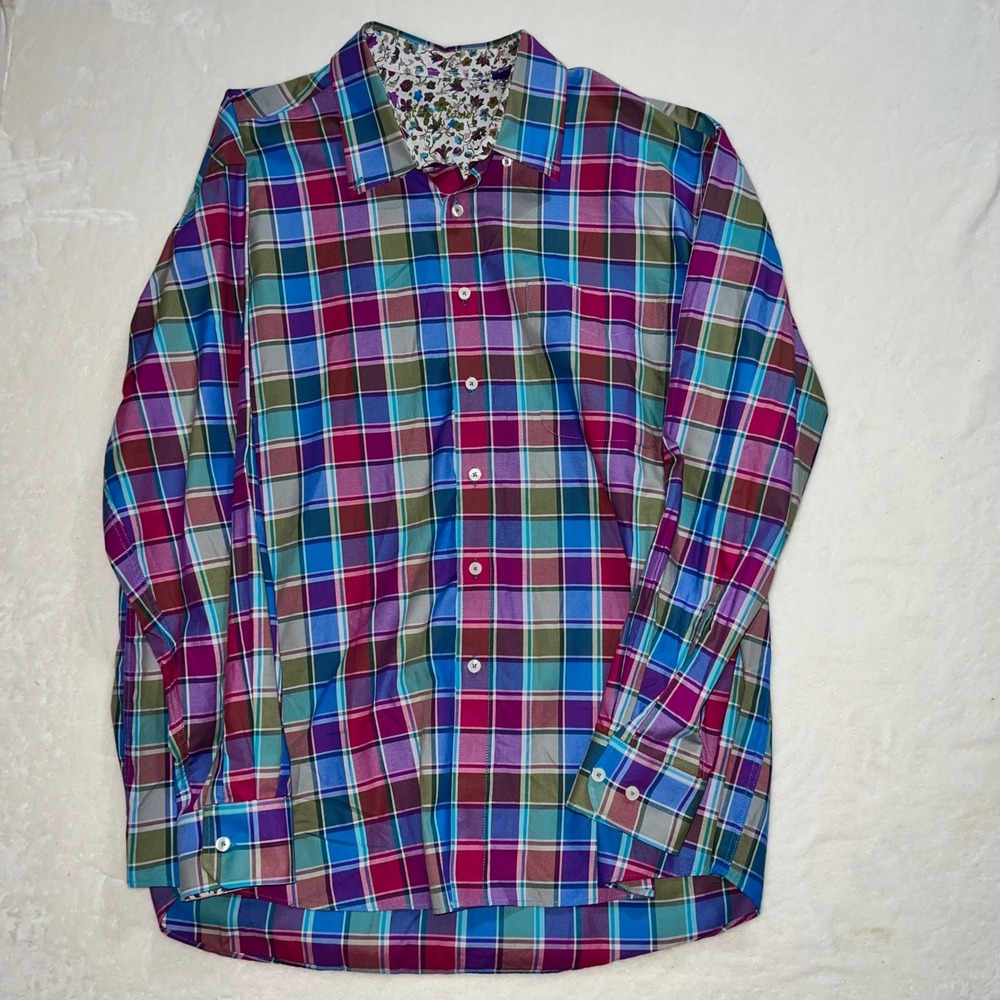 Alan Flusser‎ Mens XXL Plaid Long Sleeve Button Down Shirt Colorful Floral